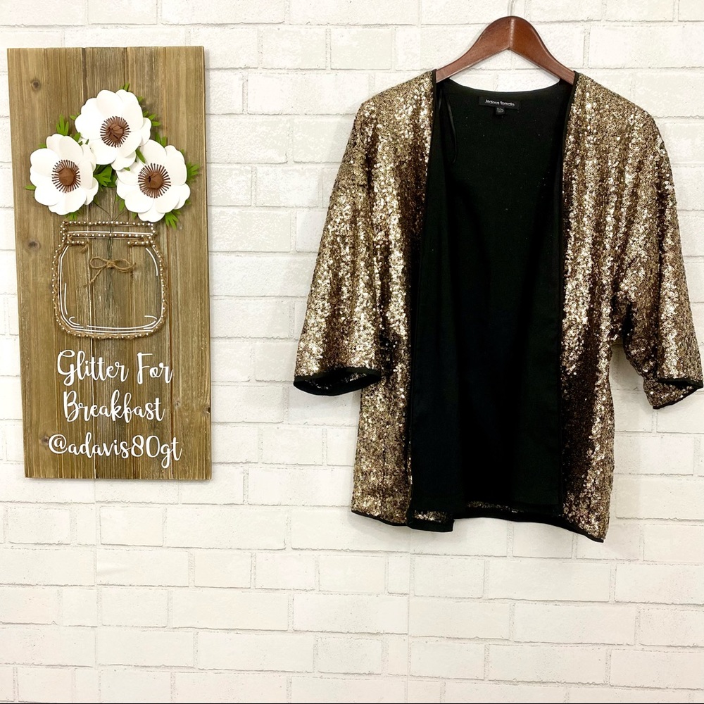 Jealous Tomato Gold Sequin Open Front Cardigan Shawl